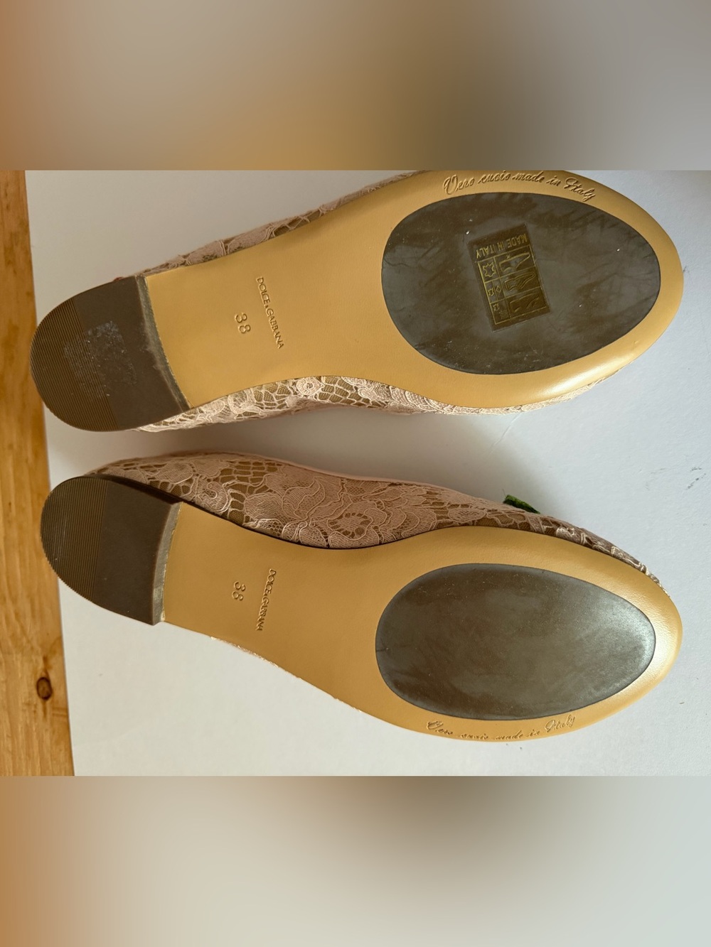 Dolce & Gabbana Beige Lace Ballet Flats with Pink Trim and Red Floral Appliqué - Picture 8 of 17